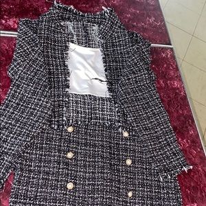 Jacket and skirt set with white cropped shirt